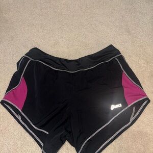 Asics Black and Pink Athletic Shorts with Reflective Trim